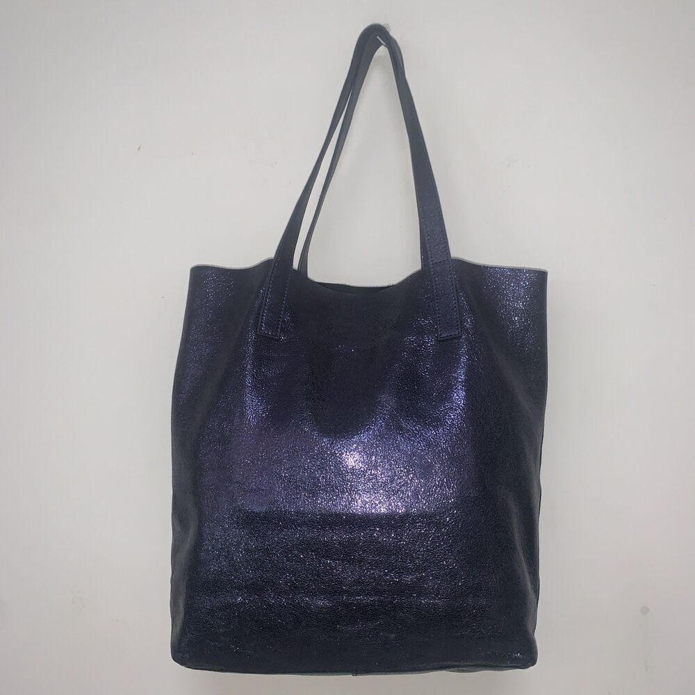 Anthropologie Genuine Leather Glitter Blue Open Slouchy Tote W/Pouch Glam Preppy